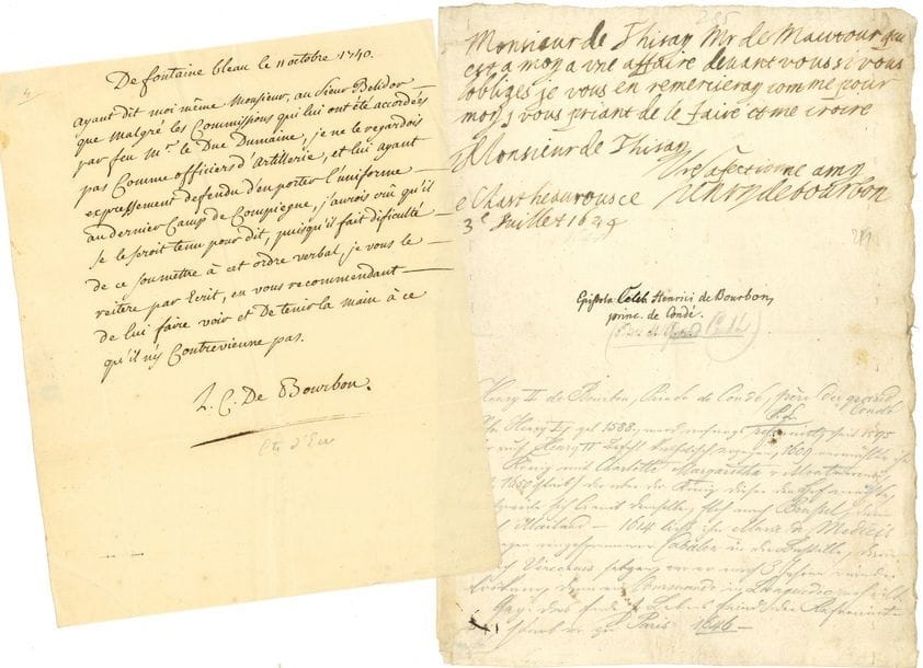 Histoire. 9 lettres ou pièces, la plupart L.S., XIVe-XVIIIe siècle.
   Achille Baraguey d’Hilliers (Constantine 1843), Henri II de Bourbon prince de Condé (Châteauroux 1624), Louis-François de Conty (1748), Louis-Charles de Bourbon comte d’Eu (2, 1740-1758), Louis-Jean-Marie de Bourbon duc de Penthièvre (1776)… Acte de fief et cession d’une maison par le chapitre de l’église de Rouen (1375), ordre du vicaire et official général de Carpentras (1609), etc.