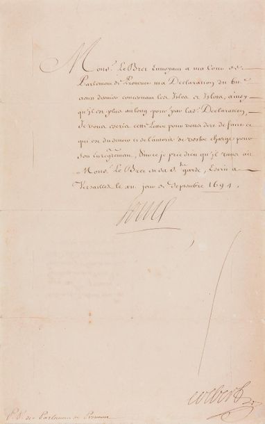 LOUIS XIV (1638-1715). L.S. (secrétaire), Versailles 12 septembre 1694, à Pierre-Cardin Le Bret, Premier Président de la Cour du Parlement de Provence, et intendant de justice, police et finances audit pays ; contresignée par Colbert de Torcy ; 1 page in-fol., adresse au verso (encadrée).
   Il demande au Parlement de Provence d’enregistrer sa déclaration du 7 août « concernant les Isles et Islons »…
