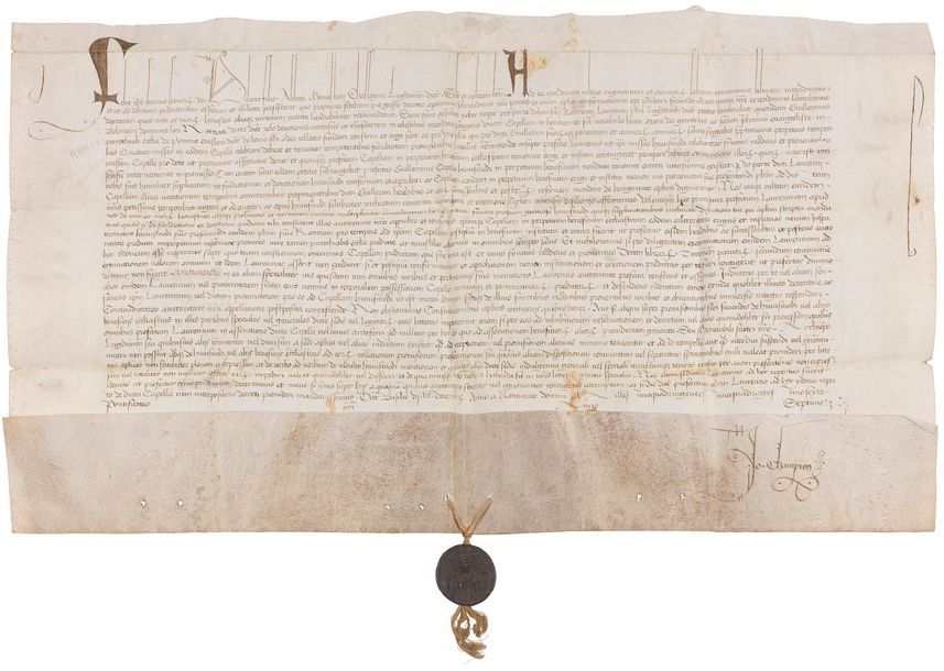 Amédée VIII de SAVOIE le Pacifique, Félix V (1383-1451) duc de Savoie et prince de Piémont, Antipape de 1439 à 1449 : élu par le concile de Bâle qui déposa Eugène IV, il se soumettra au successeur de ce dernier, Nicolas V. Bulle manuscrite en son nom, Bâle 6e jour des calendes de décembre (26 novembre 1446) ; vélin in-plano (39 x 57,5 cm), grande initiale, sceau en plomb Felix PP V pendant sur cordelette de chanvre ; en latin.
   Très belle bulle avec son sceau.
   Confirmation donnée à l’abbé du monastère de Chassagne (diocèse de Lyon) de l’élection de son cher fils Laurent, prêtre du diocèse de Lyon, à la tête de la chapelle de la bienheureuse Marie mère de Dieu et de Saint Jean l’Évangéliste, fondée par Guillerm Bolomer, seigneur de Narciat, pour le repos de son âme et celles de sa famille et ses amis, avec célébration de messes plusieurs fois par semaine... Signatures de chancellerie.