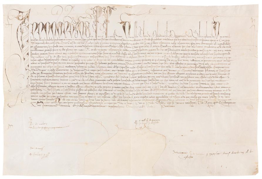 Giovanni Battista Cybo, Innocent VIII (1432-1492) Pape en 1484, il renforça l’Inquisition. Bulle manuscrite en son nom, Rome à Saint-Pierre 10e des calendes d’octobre (22 septembre) 1487, 4e année de son pontificat ; vélin in-plano (36 x 52 cm), « Innocentus » avec lettrine et initiales de la première ligne en grandes lettres ornées (déchirure avec manque réparée au bas du document affectant une signature de chancellerie) ; sceau manquant ; en latin.
   Belle pièce calligraphiée accordant la cure de Brix, au diocèse de Coutances, à Jean de Pons, gentilhomme du Périgord. Signatures de chancellerie.