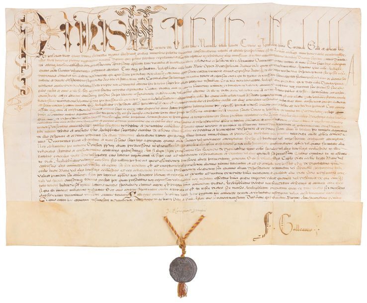 Alessandro Farnese, Paul III (1468-1549) Pape en 1534, grand mécène, protecteur de Michel-Ange, il convoqua le Concile de Trente. Bulle manuscrite en son nom, Rome à Saint-Marc 14e des calendes de septembre (19 août) 1542, 8e année de son pontificat ; vélin in-plano (40,5 x 53,5 cm), « Paulus » avec grande lettrine décorée et initiales de la première ligne en lettres ornées à la première ligne, sceau en plomb Paulus Papa III pendant sur cordelette tressée jaune et rouge ; dans un coffret dépliant avec dos et bandes de maroquin fauve, titre et armes papales dorés au dos, étui ; en latin.
   Il accorde au cardinal-prêtre Marcellus de la Sainte-Croix de Jérusalem la fonction d’archiprêtre de l’église de la Bienheureuse Marie de Monte Policiano... Signatures de chancellerie.