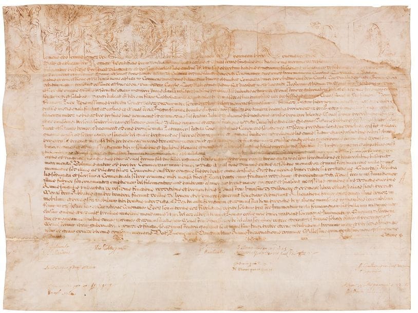 Ippolito Aldobrandini, Clément VIII (1536-1605) Pape en 1592. Bulle manuscrite en son nom, Rome à Saint-Pierre 4 des calendes d’avril (25 mars) 1599 ; vélin in-plano (48 x 64,5 cm), « Clementus » en grandes lettres à ornements floraux (fortes mouillures, pli central fendu et renforcé) ; sceau manquant ; en latin.
   Attribution à Michel Oyonneau, prêtre, du bénéfice du monastère bénédictin de Saint-Pierre de la Couture, dans le diocèse du Mans. Signatures de chancellerie.