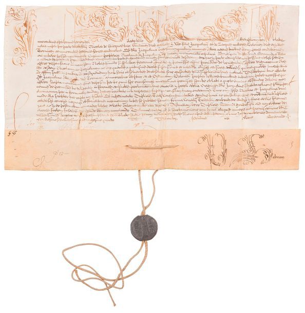 Giovanni Battista Pamphili, Innocent X (1574-1655) Pape en 1644. Bulle manuscrite en son nom, Rome à Saint-Pierre 1er décembre 1645, 2e année de son pontificat ; vélin (28,5 x 41 cm) avec lettrine et 5 initiales de la première ligne en grandes lettres ornées, sceau en plomb Innocentius Papa X pendant sur cordelette de chanvre ; en latin.
   Dispense de consanguinité en faveur du mariage de Nicolas de Licques, seigneur dudit lieu, du diocèse du Gand, et sa parente Jacqueline de Licques, de Boulogne. Signatures de chancellerie.