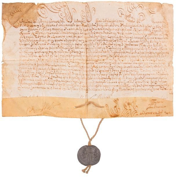 Giovanni Francesco Albani, Clément XI (1649-1721) Pape en 1700. Bulle manuscrite en son nom, Rome à Sainte-Marie-Majeure 3 novembre 1703 ; vélin oblong in-4 (23 x 30 cm) avec initiales ornées sur la première ligne, sceau en plomb Clemens Papa XI pendant sur cordelette de chanvre (trous au pli central, mouillure au coin sup. droit) ; en latin.
   Dispense de consanguinité aux 3e et 4e degrés, adressée à l’official de Nantes, en faveur du mariage de Robert Guérin et Marguerite Melon. Signatures de chancellerie.