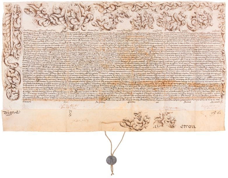 Vincenzo Maria Orsini, Benoît XIII (1649-1730) Pape en 1724, « Serviteur de Dieu ». Bulle manuscrite en son nom, Rome à Saint-Pierre 5 février 1729 ; vélin in-plano (59,5 x 85 cm), grande lettrine et 5 initiales de la première ligne en grandes lettres ornées de feuillages à la plume, sceau en plomb Benedictus Papa XIII pendant sur cordelette de chanvre ; en latin.
   Magnifique et grande bulle superbement calligraphiée avec son sceau. Nomination de François Armand Poussart du Vigean, prêtre de Poitiers, comme abbé commendataire du monastère cistercien de Notre-Dame des Châtelliers, du diocèse de Poitiers, en succession de François-Armand de Lorraine-Armagnac, décédé. Signatures de chancellerie. [Ce monastère, aujourd’hui en grande partie disparu, se trouvait sur les actuelles communes de Fomperron et Chantecorps, dans le canton de Ménigoute (Deux-Sèvres).]