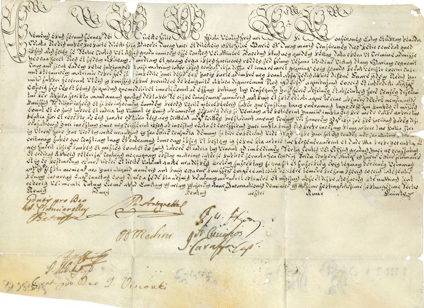 Lorenzo Ganganelli, Clément XIV (1705-1774) Pape en 1769, il supprima l’ordre des Jésuites et fonda les musées du Vatican. Bulle manuscrite en son nom, Rome à Sainte-Marie-Majeure nones de juin (18 juin) 1773 ; vélin oblong in-fol. (26 x 35,5 cm) avec lettrine et 4 initiales de la première ligne ornées (petits trous aux plis) ; sceau manquant ; en latin.
   Dispense de consanguinité au 3e degré, en faveur du mariage de Jacques Durand et Marie Durand, demeurant au diocèse de Saint-Bertrand de Comminges (département actuel de Haute-Garonne). Signatures de chancellerie.