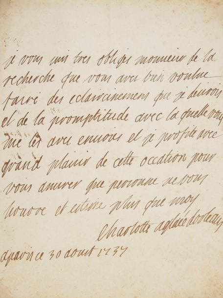 PRINCESSES. 6 L.A.S. et une L.S.
   Maria-Fortunata d’Este, princesse de CONTI (1731-1803) : L.A.S., Paris 2 mars 1761, sur la mort de sa mère, la princesse de Modène. Charlotte-Aglaé d’Orléans, duchesse de MODÈNE (1700-1761) « Mademoiselle de Valois » : L.A.S. « Charlotte Aglaée d’Orleans » et L.S. « Carlotta Aglae d’Orleans », Paris 1737-1745. Adélaïde, princesse d’ORLÉANS (1777-1847) « Madame Adélaïde ». L.A.S., 16 août 1832, sur l’installation de la famille royale aux Tuileries.