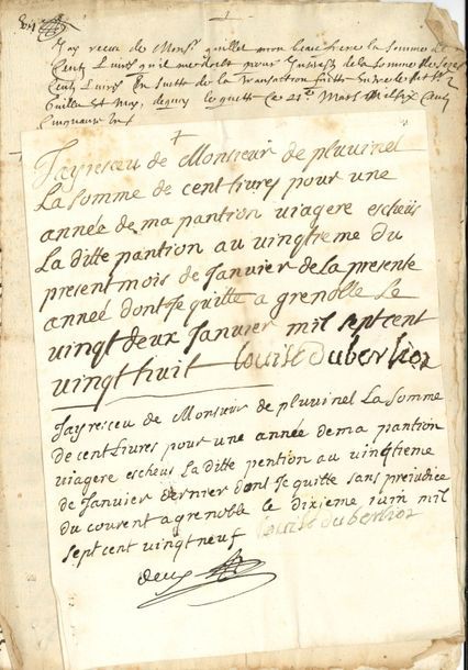 Famille Berlioz. 4 P.S. par des membres de cette famille du Dauphiné, probablement des ancêtres du musicien, XVIIe-XVIIIe siècle.
   Du Berlioz (quittance à son beau-frère Guillet, 1651), Louise Du Berlioz (cahier de quittances, et 2 quittances de pension viagère, la dernière signée « Louise Du Berlioz de Faverge », 1719-1730).