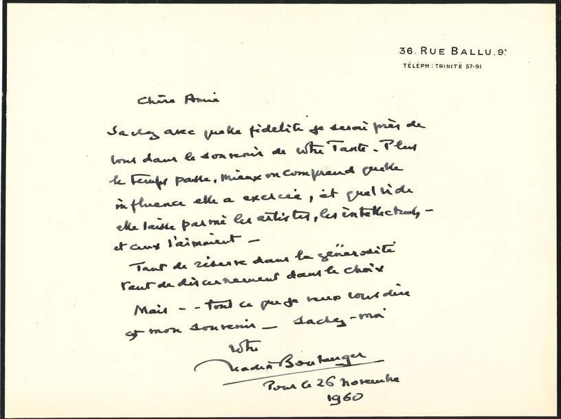 Nadia BOULANGER (1887-1979). 2 L.A.S., 36 rue Ballu [1952]-1960, à Daisy Singer, Mme Hervé Dugardin ; 1 page oblong in-8 chaque, une adresse.
   [1952]. « La pensée de votre tante [la princesse Edmond de Polignac] est si présente, et son absence si désolante, qu’il me faut venir vous parler d’elle – au moment où réapparaît cet Œdipus Rex [de Strawinsky] qu’elle a tant aimé – et pour lequel elle a tant fait »… « Pour le 26 novembre 1960 » [anniversaire du décès de la princesse de Polignac]. « Sachez avec quelle fidélité je serai près de vous dans le souvenir de votre Tante. Plus le temps passe, mieux on comprend quelle influence elle a exercée, et quel vide elle laisse parmi les artistes, les intellectuels – et ceux [qui] l’aimaient. Tant de réserve dans la générosité tant de discernement dans le choix »…
   On joint une L.S. de Gaston Palewski à la même, 29 octobre 1945.