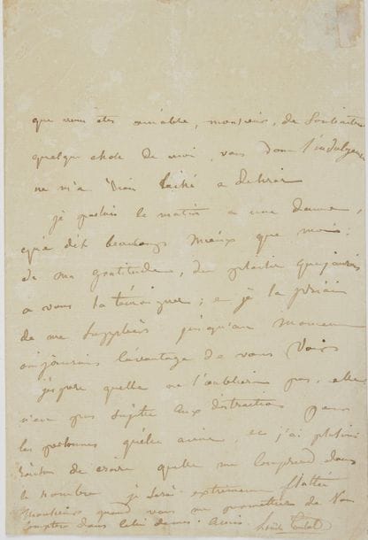 Louise CONTAT (1760-1813) actrice, sociétaire de la Comédie-Française, elle créa la Suzanne du Mariage de Figaro. 7 L.A.S. (une non signée) ; 9 pages formats divers (portrait joint).
   [1796-1797 ?], sur son procès pour conserver la location de sa maison à Chaillot : « il s’agirait moins de soutenir si le sequestre est bien mis, que de prouver qu’il l’est, et que le département seul peut l’annuler »… Strasbourg 14 floréal (4 mai 1800), elle a été fort bien traitée à Strasbourg, mais les premiers apprêts de la guerre lui ont fait une vive impression : « toujours se battre ! ah ! mon ami, le vœu général, le vœu de paix se fortement exprimé par toutes les bouches, ne sera t’il donc jamais réalité ? » Jeudi 12 décembre : « Mes beaux yeux ont pleuré mon aimable dame, du dommage dont vous les rendez responsables […]. Vous ne vous contentez pas d’être remarquable par vos talens, vous voulez l’être aussi par votre indulgence, en m’offrant une revanche, que les apparences me donnaient peu le droit d’espérer »… Ce mercredi [vers 1805-1809], à Baptiste aîné, artiste dramatique, réclamant une réponse à sa demande pour son ami Roger… Mardi [1803-1810], à Mlle Neury : elle doit se rendre d’urgence à sa maison de campagne menacée par un débordement de la Seine… à M. Desalgues, « dont l’indulgence ne m’a rien laissé a desirer »… Mardi, au sujet de l’avancement d’un militaire : « nous tiendrions un Conseil de guerre ! »… Elle signe « Louise de Parny ». On joint une P.S., 30 brumaire V (20 novembre 1796), reçu du Théâtre de la rue Feydeau de 2250 livres pour ses appointements.