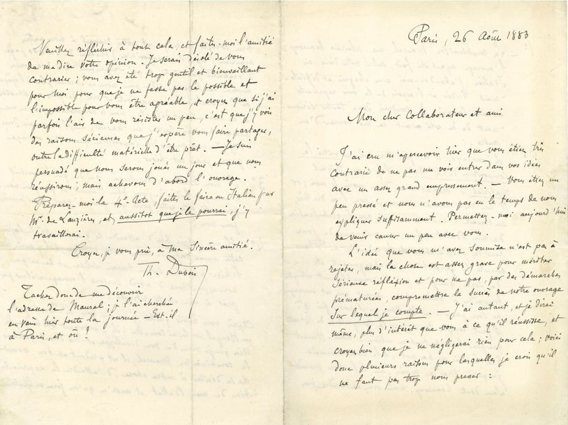 Théodore DUBOIS (1837-1924). 24 L.A.S., Paris et Rosnay 1883-1892, à Léonce Détroyat ; 47 pages formats divers.
   Belle correspondance à son librettiste à propos d’Aben-Hamet, drame lyrique en 4 actes et un prologue de Détroyat et A. de Lauzières, [créé au Théâtre-Italien le 16 décembre 1884], puis du projet de La Guzla de l’émir [cet opéra-comique, sur un livret de Jules Barbier et Michel Carré, destiné au Théâtre lyrique de Détroyat sera créé à l’Athénée le 30 avril 1873].
   Février-mars 1883, au sujet de la création d’Henri VIII de Saint-Saëns, où il est déçu de n’avoir pas été convié… 26 août 1883. Longue mise au point sur Aben-Hamet : la langue (italien ou français), avancement du manuscrit et de l’orchestration, le ballet, choix du baryton (Victor Maurel), délais à prévoir ; éventualité que Vaucorbeil l’accepte à l’Opéra... 10 avril 1884. Heugel insiste sur le principe d’une « collaboration officielle » ; autrement, il ne s’engage à rien… 18 avril. Godard réfutation toute responsabilité concernant les lenteurs d’une entente avec Maurel, de la composition, du choix d’un théâtre. « Ai-je hésité pour travailler aux trois premiers Actes et ne les ai-je pas faits rapidement ? Pourquoi ? C’est que je les sentais bien. […] Au point où j’en suis de ma carrière, il ne m’est pas permis de ne pas mettre tous les atouts dans mon jeu pour un ouvrage de cette importance »… 22 avril. Nouvelles des démarches auprès de Maurel… 19 juillet. Envoi de la convention d’Heugel, signée, et de modifications pour celle de Maurel. « Je veux bien m’engager à donner la dernière page orchestrée le 31 8bre mais je veux […] avoir la certitude d’être joué tout de suite »… 26 août. À propos de la modification du trio, que Détroyat a injustement appelé « galop italien », pour donner à Bianca les élans que la situation comporte… « Madame Salla est-elle définitivement engagée » ? 10 septembre. Impossible de mettre en musique le brindisi du Duc, de Lauzières : « Après le récit déclamé je ve