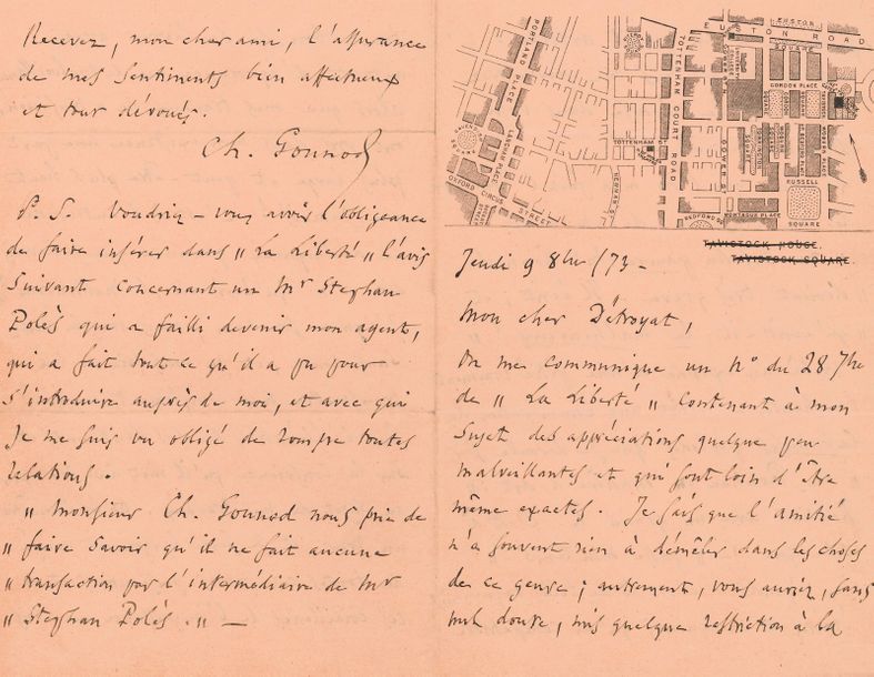 Charles GOUNOD (1818-1893). 26 L.A.S., 1870-1893, à Léonce Détroyat ; 70 pages formats divers (une au crayon).
   Bel ensemble témoignant peu à peu de sa désaffection pour le théâtre, et l’abandon du projet d’Henri VIII (qui sera traité par Saint-Saëns).
   17 février 1870. Sa soirée est prise par la représentation de Guido et Ginevra aux Italiens… Londres 26 novembre 1872. « Je ne sais si je ferai jamais rien qui puisse faire lâcher prise à tous les dogues (petits ou gros) qui aboyent ou mordent à l’envi sur mon absence » ; les attaques se renouvellent alors qu’on va donner sa musique pour Les Deux Reines de Legouvé. Ne pouvant venir le 20 décembre, il accepte d’envoyer un morceau inédit, mais interdit que des copies circulent avant sa publication… 30 novembre. La chanson qu’il allait lui envoyer ne peut pas aller : « Voici donc un autre morceau qui vient de paraître, et auquel j’ai fait adapter une traduction française : je crois qu’il est tout à fait dans le sentiment de la fête », et n’a pas besoin d’artistes de premier ordre… Anecdote sur le chanteur Faure, furieux que Gounod ne l’ait pas accompagné dans un concert « où j’ai accompagné ma propre musique, la seule que j’accompagne jamais »… 9 octobre 1873. Protestation contre un article malveillant dans La Liberté : l’on y déplore le cas « très grave » du « pauvre », du « malheureux » Gounod, qui se consacre à la « Routine en matière d’art ». Mais le jour où ses travaux seront connus, « je serai largement vengé de toutes ces petites persécutions et de ces criailleries de l’impuissance aux abois »… Saint-Cloud 4 septembre 1875. Idées à communiquer à ses collègues : « 1° Pas de Colossal – c’est la mort de l’art musical surtout au théâtre, où la trop grande distance entre le chanteur et l’auditeur supprime toute physionomie et tout intérêt […] 2° Refaire non un théâtre lyrique, mais le théâtre lyrique c. à d. l’École normale où se produiront et se formeront, par le contact public et l’expérience personnelle, 