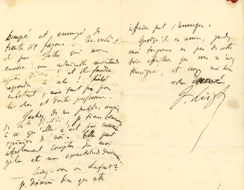 Franz LISZT (1811-1886). L.A.S., [avril 1838 ?], à l’éditeur musical Étienne Masset ; 2 pages et demie in-8, adresse.
   Arrangement pour piano de l’opéra de Louise Bertin, Esmeralda, d’après Notre-Dame de Paris. « Je vous ferai parvenir d’ici à 24 heures le morceau terminé de La Esmeralda […], et j’engage ma parole d’honneur qu’avant la fin de mai le tout sera achevé et envoyé. Je n’ai pas osé me présenter chez Mlle Bertin à cause de tous ces retards mais je compte lui écrire dans la quinzaine pour lui faire toutes mes excuses. Vous savez combien je suis occupé et ennuyé de trente-six façons. Ne voilà-t-il pas Fétis qui nous envoie une admirable moutarde après dîner ! Et il faudra répondre à cela ! C’est embêtant, mais tant pis pour le cher et docte professeur. Tâchez de me justifier auprès de Mlle Bertin, je tiens beaucoup à ce qu’elle n’ait pas mauvaise opinion de moi. Elle peut absolument compter sur mon zèle et mon exactitude désormais »…