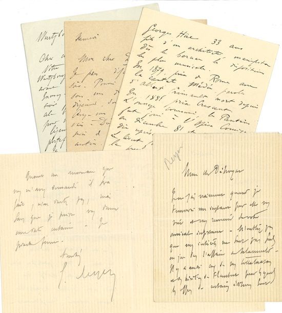 Musique. 25 lettres ou pièces, la plupart L.A.S., adressées au librettiste Léonce Détroyat.
   Alfred Bruneau (2, 1892-1897, saluant la fondation du Théâtre Lyrique), Georges Hüe (6, dont une notice autobiographique), Augusta Holmès (2, 1888-1889), Émile Pessard (3, 1877-1894, sur son Capitaine Fracasse, et des livrets), Francis Planté (1876), Ernest Reyer (2, au sujet de Salammbô), Samuel Rousseau (3, 1893, sur le Théâtre Lyrique), Gaston Salvayre (2), Francis Thomé (3, 1886-1888, dont le contrat pour le ballet Djemmah, et une photo dédicacée).