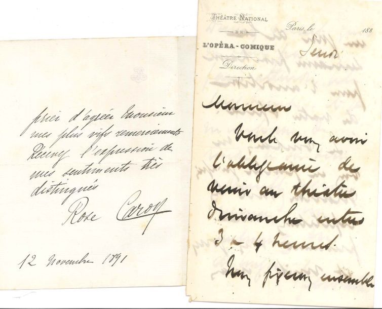 Musique. 13 lettres ou pièces, la plupart L.A.S.
   Rose Caron (remerciements à un critique, pour les éloges qu’il lui adresse dans son article sur Lohengrin, 1891), Léon Carvalho (à l’auteur d’un opéra-comique, évoquant les répétitions de Manon à l’Opéra-Comique, [fin 1893]), Edward Elgar (p.a.s. avec Ramon Novarro), Philippe Gaubert, Pierre-Barthélemy Gheusi, Désiré-Émile Inghelbrecht, Charles Malherbe, Paul Sacher (4 l.s. à C.H. Winter, 1941, à propos de Honegger, sa Jeanne d’Arc, etc.), Arturo Toscanini (signature et date), Francis Touche (à son en-tête et vignette).