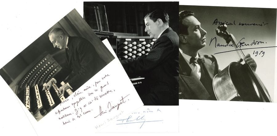 Musique. 12 lettres ou pièces, la plupart L.A.S., et 6 photographies dédicacées, à André Jeanmaire, 1959-1962 et s.d. (on joint une photo de Georges Auric).
   Pierre Cochereau, Henri Crolla (photo), Daniel-Lesur (2 mesures d’un « Prélude »), Jean Dréjac (2, dont photo), Marcel Dupré (photo), Maurice Duruflé (2), Maurice Gendron, Jean-Jacques Grunenwald (2, dont photo), Jean Langlais, Georges Migot (4), Henri Sauguet, Maurice Thiriet…