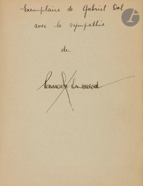 ÉLUARD, Paul. Love and Poetry.
Paris: Nouvelle Revue Française, 1929.
-
In-4, 218 x 165: 133 pp., (1 f.),
printed cover. Paperback.
Original edition, dedicated to Gala, of this collection of poems containing in particular the famous poem beginning with the verse: "The earth is blue like
an orange..."

One of the 12 copies on green paper, reserved for the author, the latter enriched with this autograph shipment on

the false title:

Copy of Gabriel Dol // with sympathy // de // Paul

EluardGabriel

Dol was apparently a Languedoc writer ; he collaborated in the Cahiers du Sud and in the magazine L'Ane d'

or.

Exemplary well preserved despite slight soiling of the roof.
 