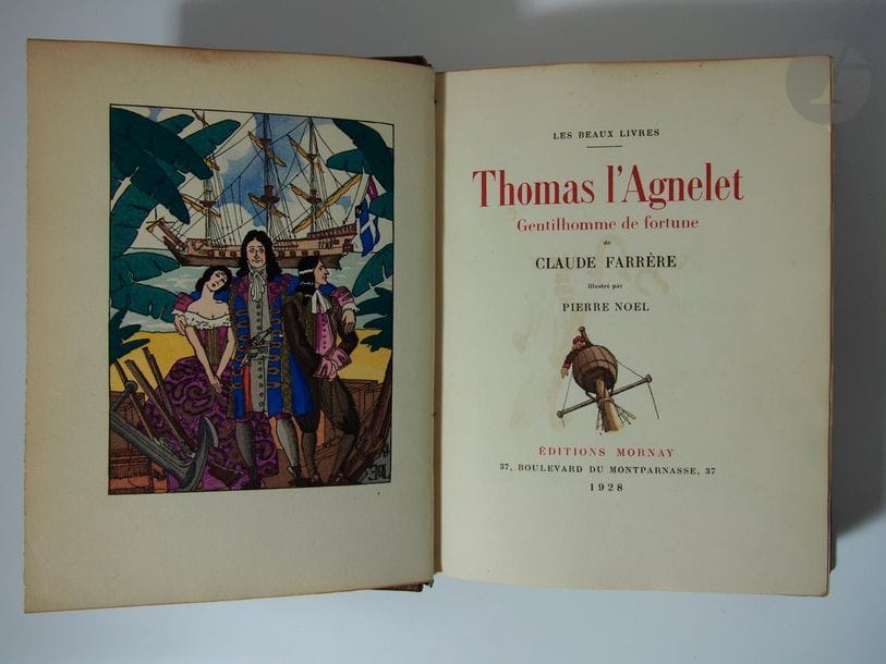 FAR, Claude.
 Thomas the Agnelet Gentleman
 of fortune.

 Paris: Mornay, 1928. 

-

 In-8, brown half maroquin with corners, back with nerves decorated in the centre with a cold motif, gilded and mosaic, golden head, not trimmed, cover and back preserved

 (Trinckvel).
 Illustrated edition of 70 compositions by Pierre Noël, 8 of which are full-page, stencilled
.

 Edition at 1068 copies. One of the 855 on the banks, exceptionally enriched with a series of black illustrations on China

.

 Beautiful copy bound by Trinckvel, well preserved despite small dark spots in the binding.

