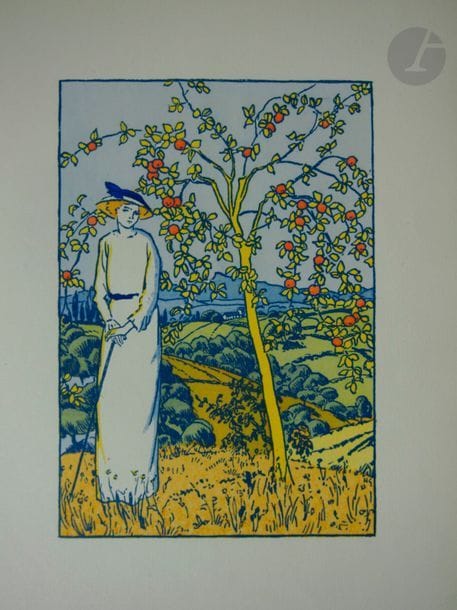 JAMMES, Francis.
Pomme d'Anis.
Paris : Mercure de France, 1914. — In-8, demi-maroquin aubergine à la bradel à larges coins, filets dorés, dos lisse orné d'un décor floral doré et mosaïqué, tête dorée, non rogné, couverture et dos conservés (Stroobants).

Édition illustrée de compositions en couleurs de Henri Gorget, dont 10 à pleine page.
Exemplaire du tirage courant sur papier vélin de Rives.
Dos passé.