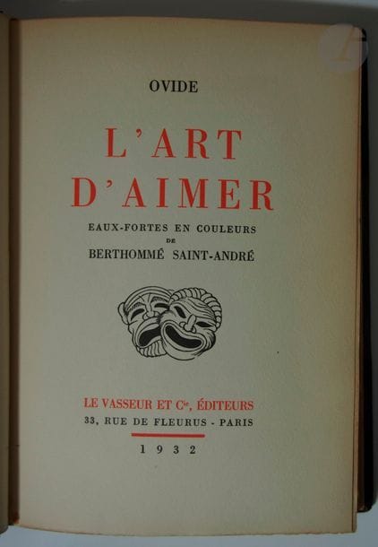 OVIDE.
L'art d'aimer.
Paris : le Vasseur et Cie, 1932. — In-8, demi-chagrin aubergine à coins, dos à nerfs orné d'un décor mosaïqué, tête dorée, non rogné, couverture et dos conservés (reliure de l'époque).

Édition illustrée de 22 compositions érotiques en couleurs de Berthommé Saint-André dont un en frontispice et 7 hors texte.
Tirage limité à 392 exemplaires, celui-ci un des 350 sur vélin d'Arches à la forme.
Dos passé. Quelques frottements d'usage.