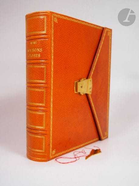 ROMI.
Maisons closes. L'histoire, l'art, la littérature, les mœurs. Préface du docteur Jean Lacassagne.
S.l. : aux dépens de l'auteur, 1952. — In-4, reliure-coffret simili cuir havane à large rabat, roulette dorée en encadrement et fleuron aux angles sur les plats et le rabat, fermoir à clé doré sur le premier plat, dos à faux nerfs orné, tête dorée, non rogné (reliure de l'éditeur).

Édition originale de cette étude très complète sur la prostitution, abondamment illustrée.
Un des 122 premiers exemplaires sur vélin édition spécial de chez Johannot, signés par l'auteur.
Exemplaire très bien conservé, complet de la clé servant à fermer l'ouvrage.