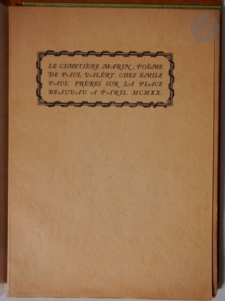 VALÉRY, Paul.
Le Cimetière marin, poème.
Paris : Émile Paul frère, 1920. — In-8, broché, sous chemise en maroquin fauve, ornée sur le premier plat d'un filet doré en encadrement et des initiales KB dorées au centre.

Édition originale.
Tirage limité à 556 exemplaires, celui-ci un des 500 sur papier du Mittineague-mill.
Exemplaires parfaitement conservé. 