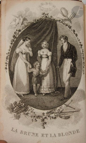 [MOSSÉ].
L'Art de choisir une femme et d'être heureux avec elle, ou Conseils aux Hommes à Marier et aux Chefs de Famille ; Contenant des considérations sur la convenance relative de la naissance et de la famille, de l'âge et de la santé, et de la beauté du corps et du visage, de la fortune, des habitudes, des goûts, du caractère, etc. ; avec l'indication des moyens qu'on peut employer pour s'assurer des qualités et des défauts de la femme qu'on choisit, ainsi que pour la diriger, la conserver, la rendre heureuse, etc. Par L'Ami.
Paris : l'éditeur des arts de l'ami, [1823]. — In-18, demi-basane havane à coins, dos lisse orné, tranches mouchetées (reliure de l'époque).

Édition originale illustrée d'un frontispice et d'un titre gravés.
Contient bien les Notices des ouvrages nouveaux qu'on trouve à Paris, chez l'éditeur des Arts de l'ami.
Au verso du titre se trouve l'étiquette rose de l'éditeur indiquant sa nouvelle adresse.
Frottements d'usage, coins émoussés et brunis. Quelques traces de mouillures sur le bord des feuillets.