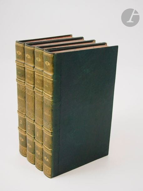 REGNARD, Jean-François.
Œuvres.
Paris : Pierre Didot l'Aîné et Jules Didot fils, 1819. — 4 volumes in-8, demi-maroquin vert à long grain, dos à nerfs orné, tranches marbrées (reliure de l'époque).

Œuvres complètes de Jean-François Regnard (1655-1709) publiées dans la Collection des Meilleurs ouvrages de la Langue Française.
Bel exemplaire sur papier vergé fin.
Dos uniformément passés. Rousseurs.