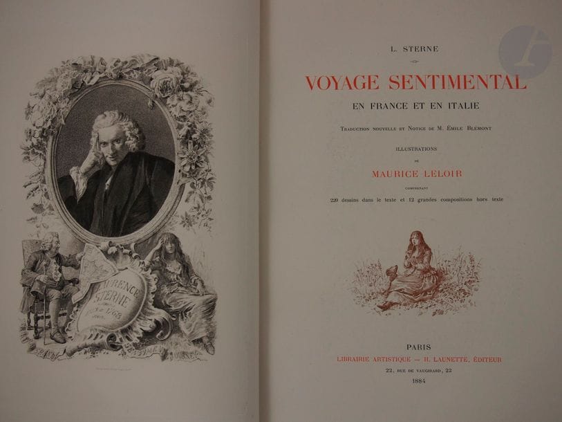 STERNE, Laurence.
Voyage sentimental en France et en Italie. Traduction nouvelle et Notice de M. Émile Blémont.
Paris : Librairie artistique, H. Launette, 1884. — In-4, demi-maroquin bleu à coins, filets dorés, dos à nerfs orné, tête dorée, non rogné, couverture conservée (reliure de l'époque).

Luxueuse édition illustrée de 12 planches en photogravure et de 220 dessins dans le texte, de Maurice Leloir.
Exemplaire sur papier vélin d'édition.
Très bel exemplaire, parfaitement conservé.