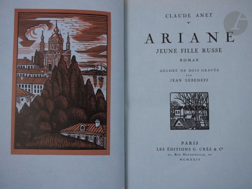 ANET, Claude.
Ariane jeune fille russe. Roman.
Paris : G. Crès & Cie, 1924. — In-8, demi-maroquin vert foncé à coins, dos à nerfs en maroquin brun, tête dorée, non rogné, couverture et dos conservés (René Aussourd).

Édition illustrée de 57 bois originaux de Jean Lébedeff, dont deux hors texte en deux tons.
Tirage à 1150 exemplaires ; celui-ci est l'un des 25 sur vélin bleu pur fil des manufactures de Rives, comprenant les 2 hors-textes en deux états, sur vélin bleu et sur Madagascar.
Dos légèrement passé.
Provenance : ex-libris héraldique, avec la mention « Je le Roffray ».