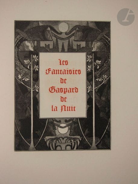BERTRAND, Louis.
Gaspard de la nuit. Fantaisies à la manière de Rembrandt et de Callot.
Paris : Ambroise Vollard, 1904. — In-8, maroquin rouge, décor de filets noirs parallèles et horizontaux sur les plats et le dos, dos lisse, tête dorée, non rogné, couverture et dos conservés (reliure moderne).

Édition tirée à 350 exemplaires, illustrée de 213 compositions d'Armand Séguin gravées sur bois par les frères Beltrand.
Un des 230 exemplaires sur papier vélin à la forme fabriqué spécialement pour cette édition, par Van Gelder, avec le filigrane « Gaspard de la nuit ».