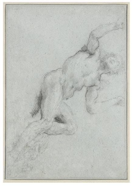 Attribué à Jacopo PALMA IL GIOVANE (Venise 1544-1628)
Homme nu assis, figure Pierre noire et rehauts de craie blanche sur papier bleu. 20 x 29,5 cm. Épidermures en bas à droite.