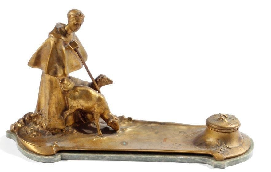 Charles KORSCHANN (1872-1943)
La jeune bergère Épreuve en bronze à patine dorée. Encrier. Vers 1900. Jollet fondeur Paris. Signé. 20 x 38 cm.
