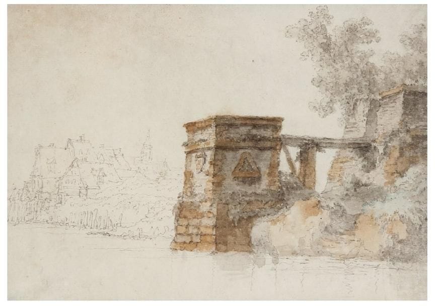 École FRANÇAISE du XVIIIe siècle
Paysage fluvial avec pilier de pont Aquarelle, plume et encre grise. 16 x 22,5 cm.