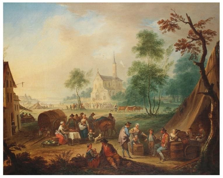 Jean Baptiste BENARD (France ? - c. 1789)
Le repos au village Toile. 51 x 62 cm. Signée et datée en bas droite Benard f. 1751.