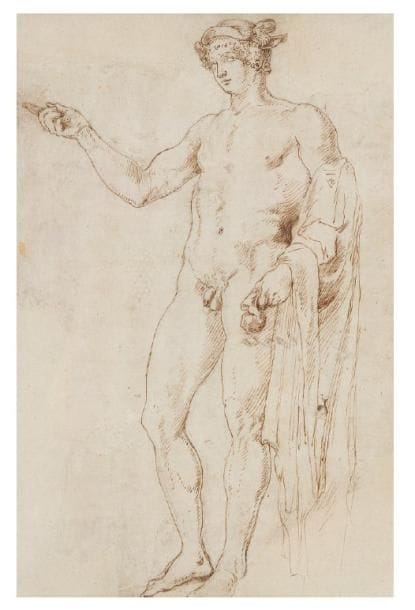Attribué à Girolamo DA CARPI (1501-1556)
Hermès Plume et encre brune sur trait de crayon noir. 30 x 20 cm. Contrecollé. Importants manques restaurés dans les quatre coins.
