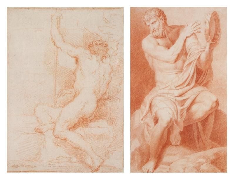 École FRANÇAISE du XIXe siècle
Académie d'homme de trois - quart de dos Sanguine. 28 x 20,5 cm. École FRANÇAISE du XIXe siècle Académie d'homme barbu au tambourin Sanguine. 52 x 32 cm.