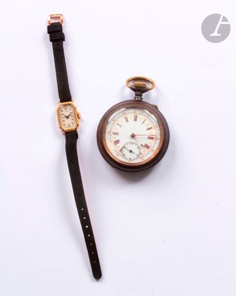 Lot composé d'une montre de femme en or jaune 18K (750), bracelet satin et d'une montre de poche en acier.