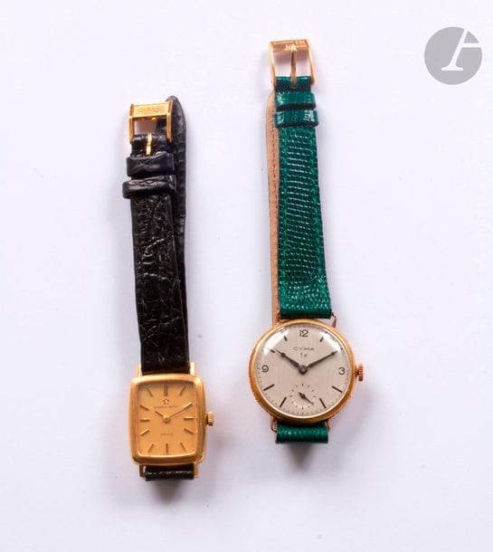 Lot de 2 montres bracelet de femme en or 18K (750) CYMA et ETERNA Matic. Mouvements à remontage mécanique. Bracelets cuir. 
Poids brut : 50,7 g