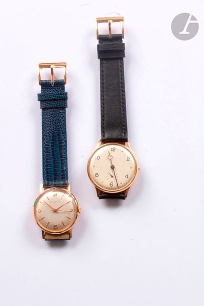 Lot de 2 montres bracelet d'homme en or 18K (750) :
- DAUPHINE n°74265, cadran beige index bâton sappliqués formant les heures, mouvement à remontage mécanique. Bracelet cuir bleu.
 - Anonyme, n°231.22, cadran beige, index chiffres romains formant les heures, mouvement à remontage mécanique, bracelet cuir noir.
Poids brut : 63,9 g