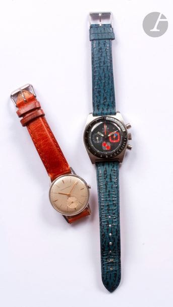 TISSOT. 
Montre bracelet d'homme en acier de type chronographe. PR516. Mouvement à remontage mécanique, bracelet en cuir.
On joint une montre bracelet d'homme en acier GIRARD PEREGAUX, mouvement à remontage mécanique, bracelet cuir.
