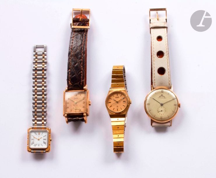 Lot de 4 montres : 
2 en or : 1 TELLUS 14K (poids brut : 31,1 g)  1 THISY en or 18K (poids brut : 33,6 g)
2 en acier YSL et Seiko
