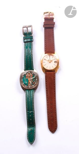 BULOVA  Accutron. 2 montres bracelet d'homme en métal doré et acier, dont une squelette.