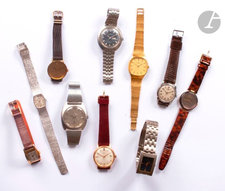 Lot de 10 montres bracelet d'homme et femme en acier ou métal doré, dont LONGINES, OMéGA, TISSOT.