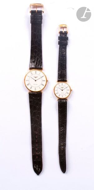 LONGINES. 
2 montres bracelet, modèle homme et modèle femme en or 18K (750). Mouvement à quartz. Bracelets cuir.
Poids brut : 40,7 g