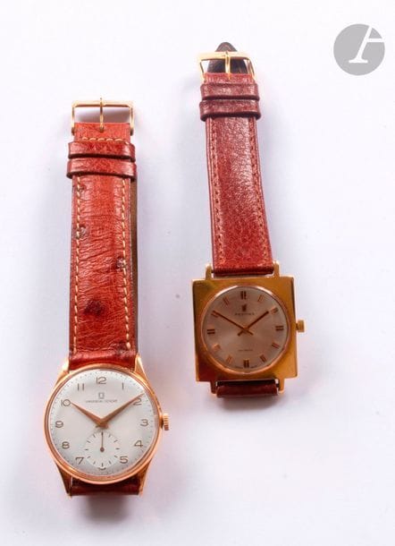Lot de 2 montres bracelet d'homme en or 18K (750), UNIVERSAL Genève et FESTINA, mouvements à remontage méanique. Bracelets cuir. 
Poids brut : 63 g