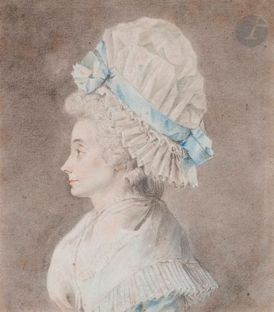 école française de la fin du XVIIIe siècle
Portrait de femme de profil
Crayon noir et crayon de couleurs
(Quelques taches).
17,5 x 15,5 cm