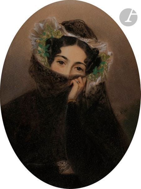 école française du XIXe siècle
Femme à la mantille
Fusain, pastel et gouache
Monogramme rapporté: « FXW ».
26 x 20 cm
Forme ovale