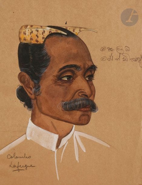 Léa LAFUGIE (1890-1972)
Homme de Colombo
Gouache et crayon noir.
Signé en bas à gauche et annoté « Colombo ».
Porte une annotation hindoue (?) en haut à droite.
(Petits manques sur le bord gauche du feuillet).
34 x 26 cm