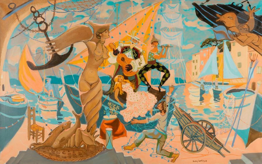 Dany LARTIGUE (1921-2017)
Musiciens au port
Huile sur toile.
Signée en bas à droite.
73 x 116 cm
